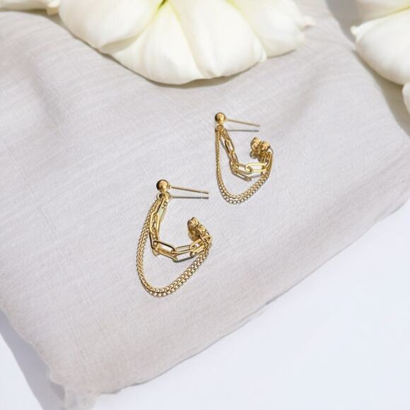 NEW 18K yellow gold plated double chain dangle drop earrings jewelry B25A - Picture 9 of 10